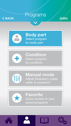 Select programs based on body parts, conditions, or custom settings